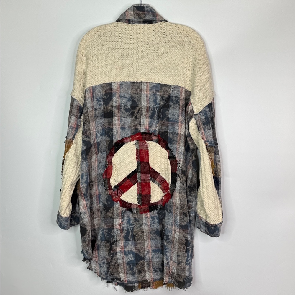 Pol Peace Patch Plaid Color Block Top Long Sleeve Button Up Shirt Size Medium - Picture 4 of 10